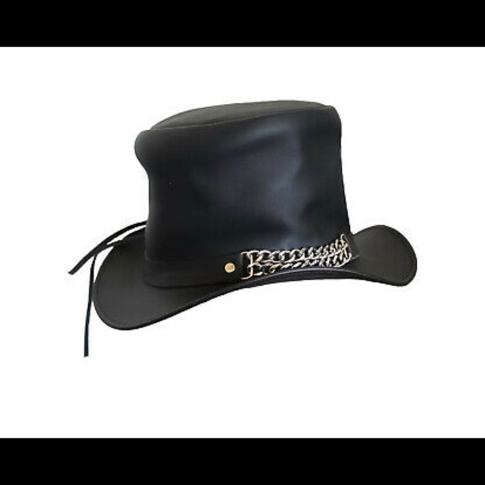 Men Chrome Chain Band Black Genuine Leather Western Cowboy hat